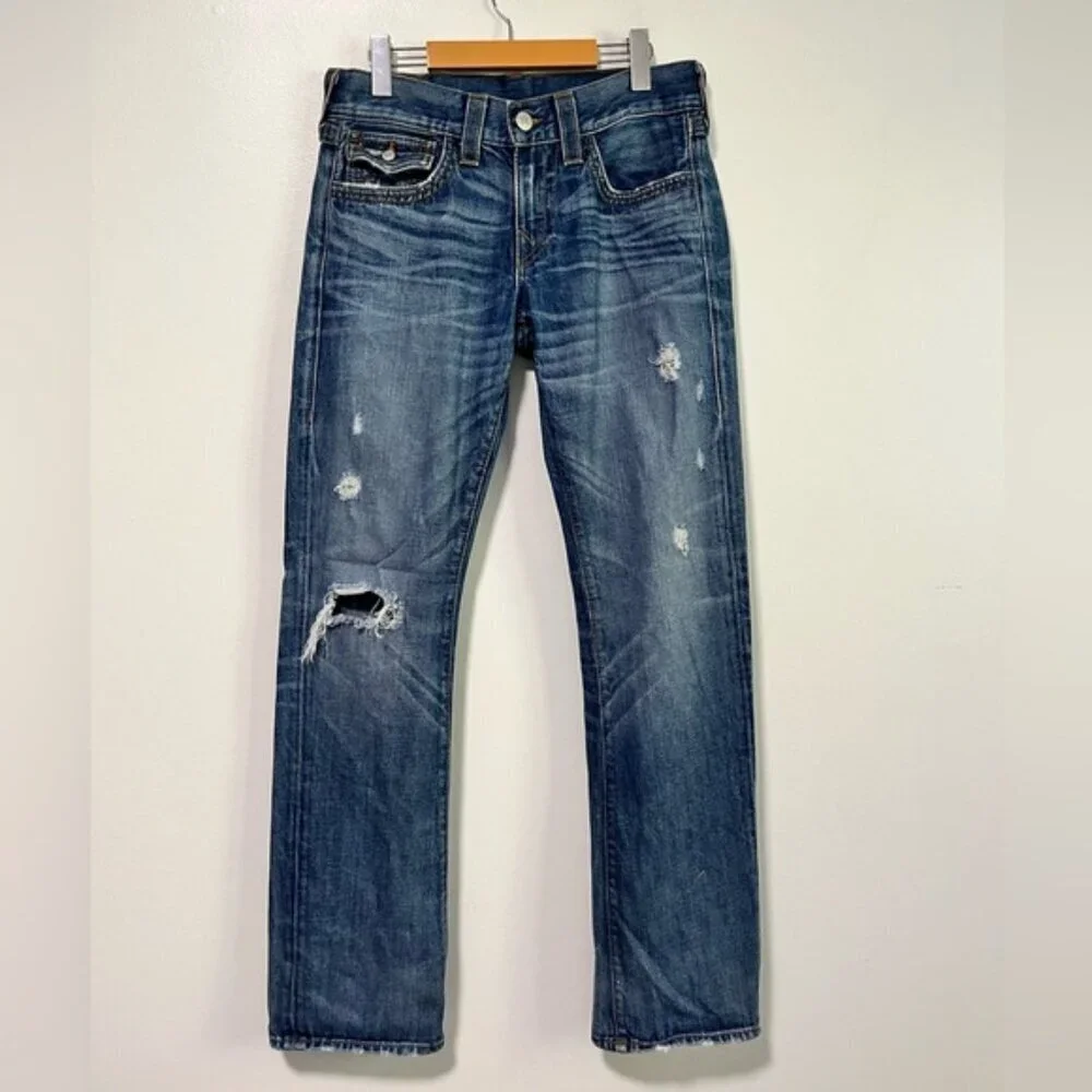True Religion Men’s Straight Distressed Jeans – Size 30, Made in USA